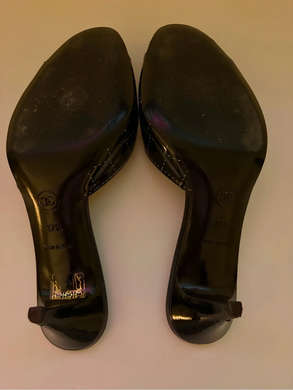 CHANEL Black Patent Leather Slide Mules with Gold-Tone Trim